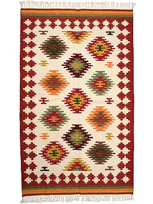 Mineral-Red Handloom Dhurrie from Sitapur with Woven Kilim Motifs