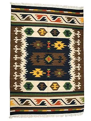 Raw-Amber Handloom Dhurrie from Sitapur with Woven Kilim Motifs