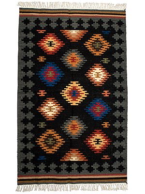 Charcoal-Gray Handloom Dhurrie from Sitapur with Woven Ikat Motifs