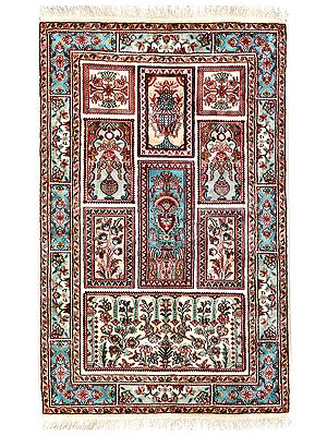 Almond-Cream Handloom Carpet from Kashmir with Knotted Flowers All-Over
