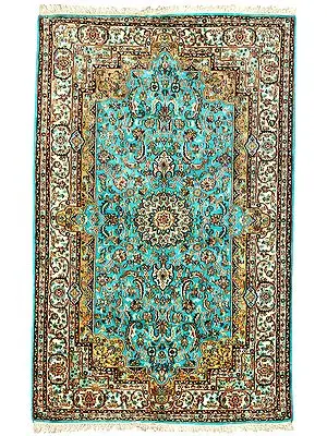Blue-Mist Handloom Carpet from Kashmir with Knotted Flowers