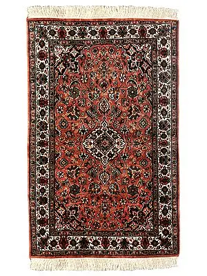 Coral-Reef Handloom Carpet from Kashmir with Knotted Flowers
