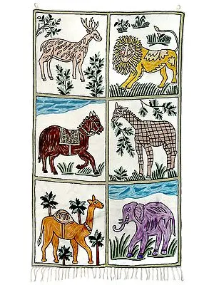 Vanilla-Cream Wall Hanging cum Carpet with Ari-Embroidered Animals
