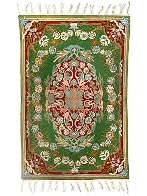 Banana-Crepe Carpet from Kashmir with Ari-Embroidered Flowers in Multicolor Thread
