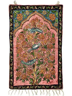 Multicolor Wall Hanging cum Carpet with Ari-Embroidered Florals and Parrots