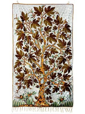 Old-Lace Wall Hanging cum Carpet with Ari-Embroidered Maple Tree in Multicolor Thread
