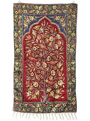 Ivory Wall-Hanging cum Carpet from Kashmir with Multicolor Thread Embroidered Sparrows and Butterflies