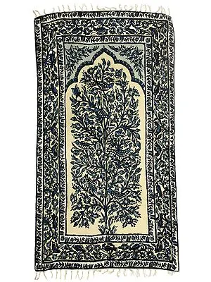 Ivory Floral Carpet from Kashmir with Multicolor Thread Embroidered Sparrows and Butterflies