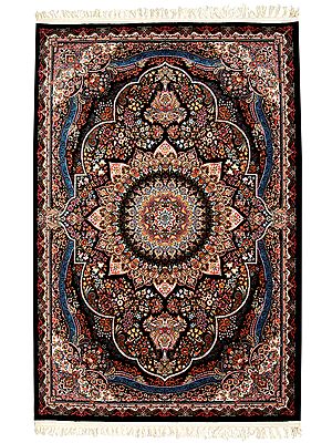 Phantom-Black Handloom Carpet from Bhadohi with Knotted Multicolor Flowers and Motifs