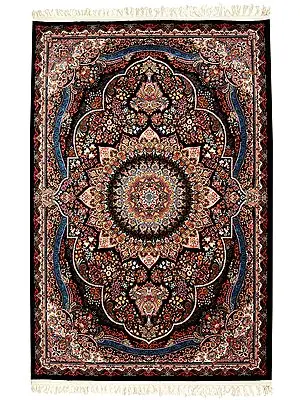 Phantom-Black Handloom Carpet from Bhadohi with Knotted Multicolor Flowers and Motifs