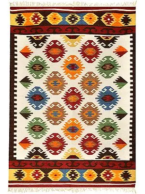 Off-White Handloom Dhurrie from Sitapur with Kilim Motif in Multicolor Thread