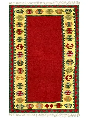 Rococco-Red Handloom Dhurrie from Sitapur with Kilim Weave Border