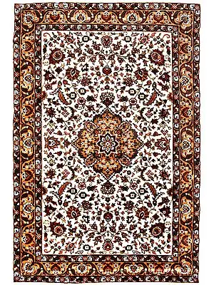 Ivory Handloom Carpet from Bhadohi with Handwoven Mughal Design