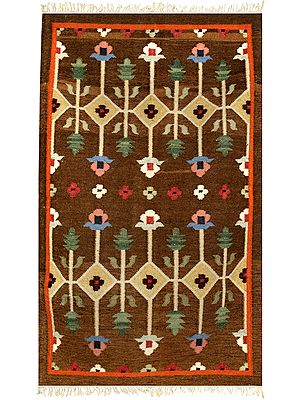 Monk-Robe Knotted Dhurrie from Sitapur with Woven Florals