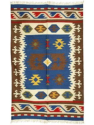 Butternut and Blue Handloom Dhurrie from Sitapur with Woven Kilim Motifs