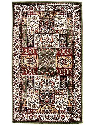 Oil-Green Carpet from Bhadohi with Knotted Persian Motifs