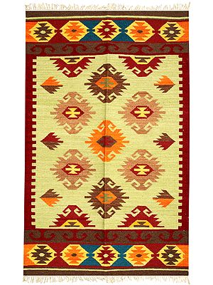 Maroon and Citron Kilim Dhurrie from Sitapur with Woven Multicolor Motifs