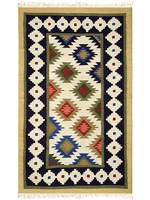Off-White Handloom Dhurrie from Sitapur with Woven Kilim Motifs All-Over