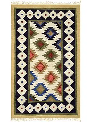 Off-White Handloom Dhurrie from Sitapur with Woven Kilim Motifs All-Over