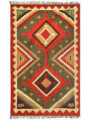 Large Handloom Dhurrie from Sitapur with Kilim Weave