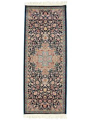 Faience-Blue Handloom Runner from Bhadohi with Knotted Mughal Design