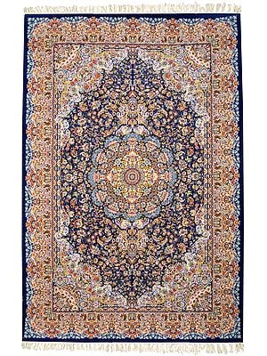 Nautical-Blue Handloom Carpet from Mirzapur with Hand-Knotted  Mughal Design