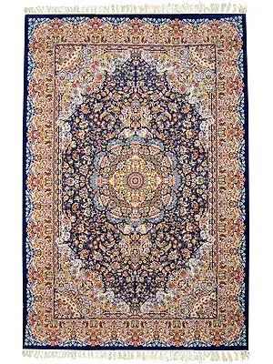 Nautical-Blue Handloom Carpet from Mirzapur with Hand-Knotted  Mughal Design
