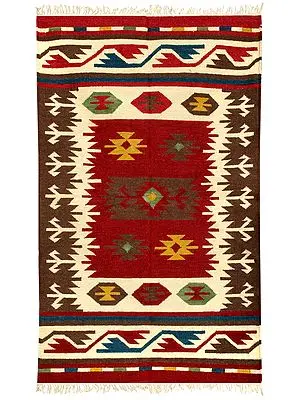 Brown and Red Handloom Dhurrie from Sitapur with Kilim-Woven Motifs