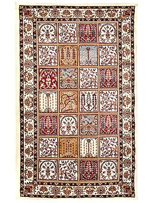 Winter-White Handloom Carpet From Bhadohi with Knotted Persian Motifs