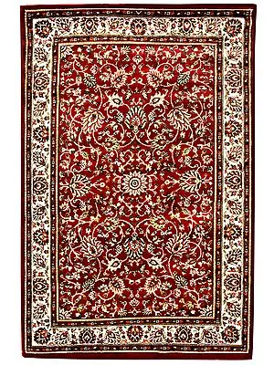 Cerise Handloom Dhurrie From Bhadohi with Knotted Mughal Design