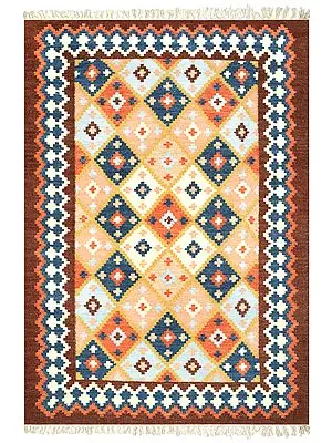 Bison Handloom Dhurrie from Sitapur with Woven Kilim Mosaic All-Over