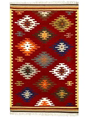 Oxblood-Red Sitapur Handloom Dhurrie with Kilim Motifs in Multicolor Thread