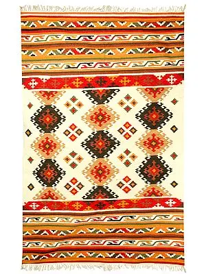 Corn-Silk Handloom Large Dhurrie From Sitapur with Kilim Weave
