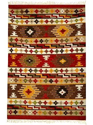 Fire-Brick Handloom Cutwork Dhurrie from Sitapur with Multicolor Woven Motifs