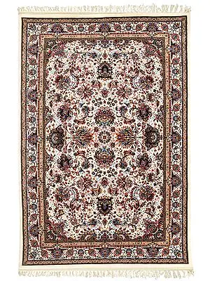 Papaya-Whip Handloom  Carpet from Mirzapur with  Hand-Knotted Mughal Design
