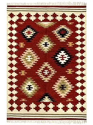 Burnt-Henna Handloom Dhurrie from Sitapur with Woven Kilim Motifs All-Over