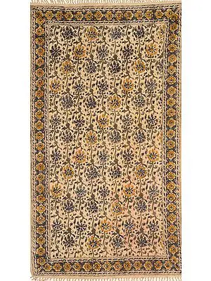 Beige Kalamkari Dhurrie from Telangana with Printed Floral Vines