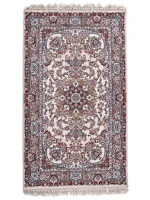 Pastel Rose Tan Handloom Carpet from Bhadohi with Persian Design
