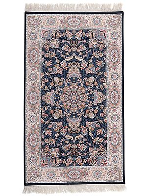 Midnight Handloom Carpet from Bhadohi with Floral Motifs
