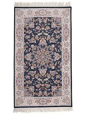 Midnight Handloom Carpet from Bhadohi with Floral Motifs