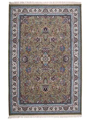 Avocado Handloom Carpet from Kashmir with Knotted Flowers