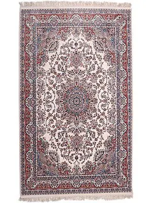 Pearled Ivory Carpet from Bhadohi with Persian Motifs
