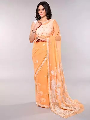 Lukhnavi Chikan Embroidered Georgette Saree in Geranium Pink with Paisley Motifs