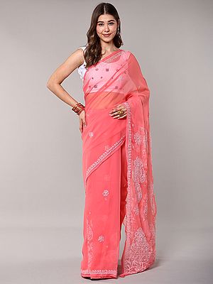 Lukhnavi Chikankari Georgette Saree: Geranium Pink with Paisley Motifs