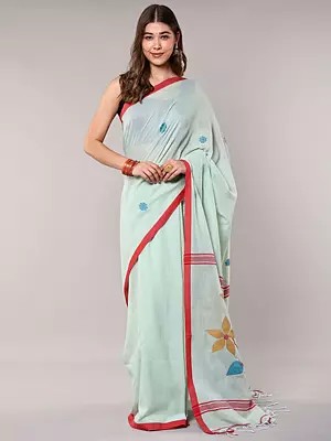 Green-Tint Pure Cotton Saree with Woven Bootis and Flowers on Pallu from Bengal