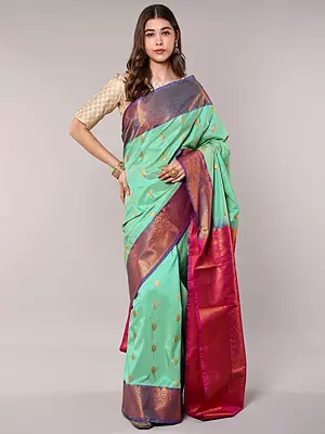 Absinthe-Green Saree from Bangalore with Zari Woven Bootis and Contrast Paisley Border