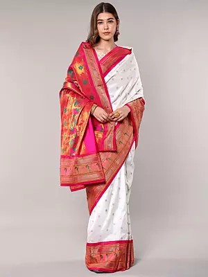 Bright-White Pure Silk Bootis woven Paithani Saree with Intricate Zari work and Lotus Vine Pallu from Bangalore