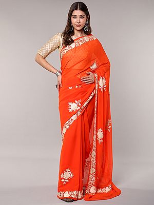 Orange Georgette Saree with Aari Embroidered Flowers