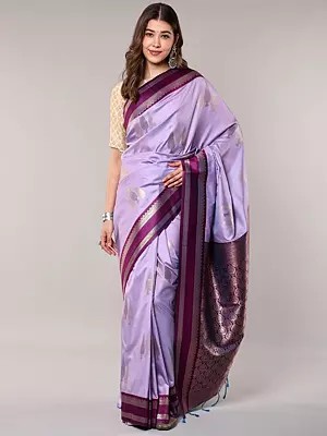 Lavender-Frost Saree with Zari Woven Coniferous Trees Motifs and Contrast Border from Bangalore