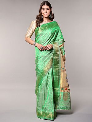 Peacock Pallu Silk Paithani Saree in Lively Green with All-Over Golden Motifs